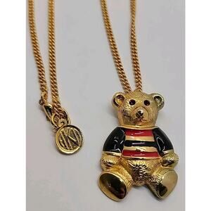 ANNE KLEIN II Vintage Enamel Bear Pendant 30 Inch Chain Necklace Goldtone Signed